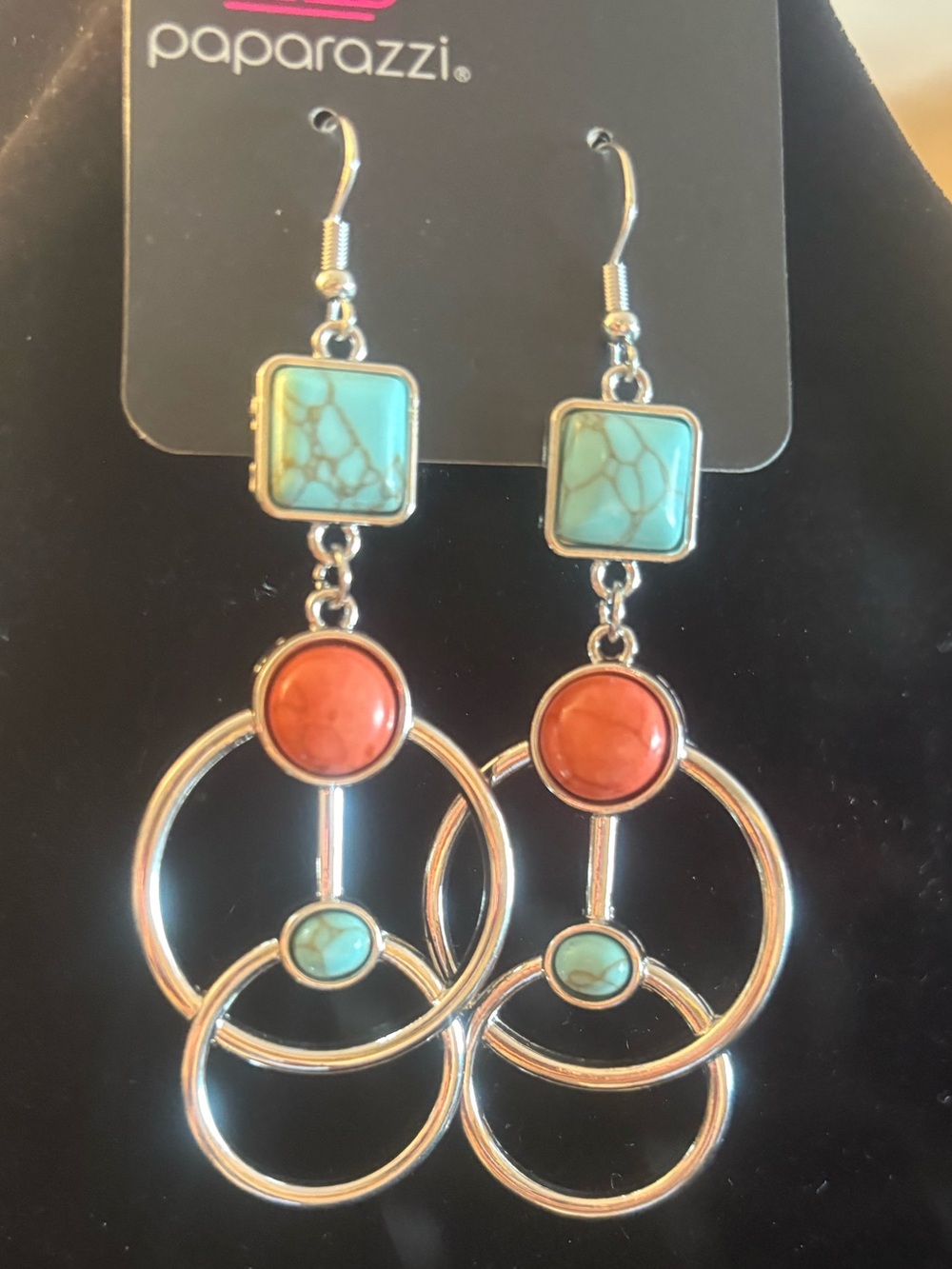 paparazzi Turquoise and Coral Double Hoop Dangle Earrings